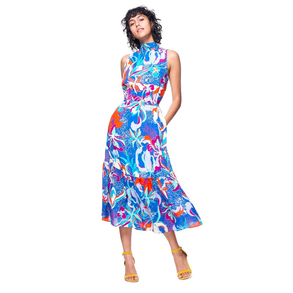 NWT The Kit by Daniel Vosovic Jia High Neck Midi Dress Berry Tropics Print Sz 3X - Picture 1 of 9